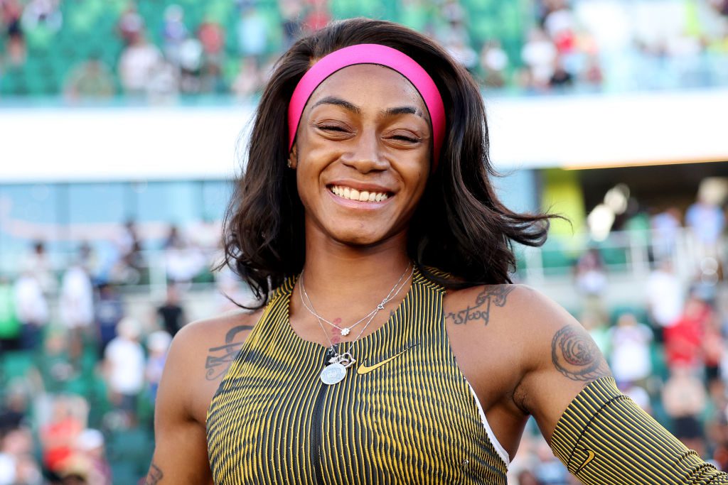 EUGENE, OREGON - JUNE 22: Sha'Carri Richardson poses after winning the women's 100 meter final on Day Two of the 2024 U.S. Olympic Team Track & Field Trials at Hayward Field on June 22, 2024 in Eugene, Oregon. (Photo by Patrick Smith/Getty Images)
