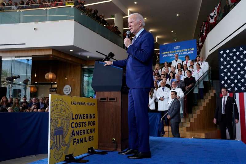 FILE - President Joe Biden speaks about health care and prescription drug costs at the University of Nevada, Las Vegas, Wednesday, March 15, 2023, in Las Vegas. Biden's administration will announce on Tuesday, Aug. 29, 2023, the first prescription drugs being targeted by the U.S. government for price negotiations as part of an effort to lower Medicare costs. (AP Photo/Evan Vucci)