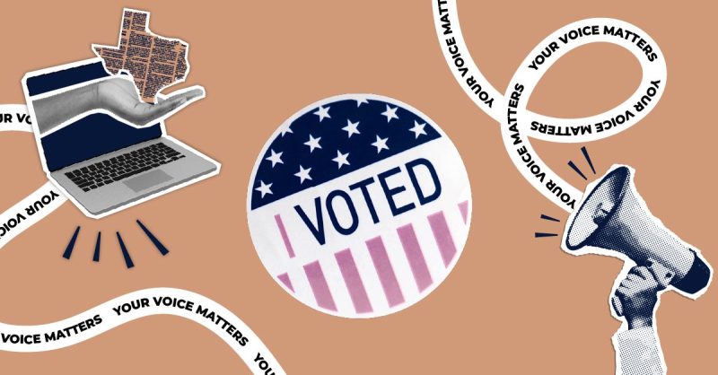 I Voted sticker on a branded elections background.