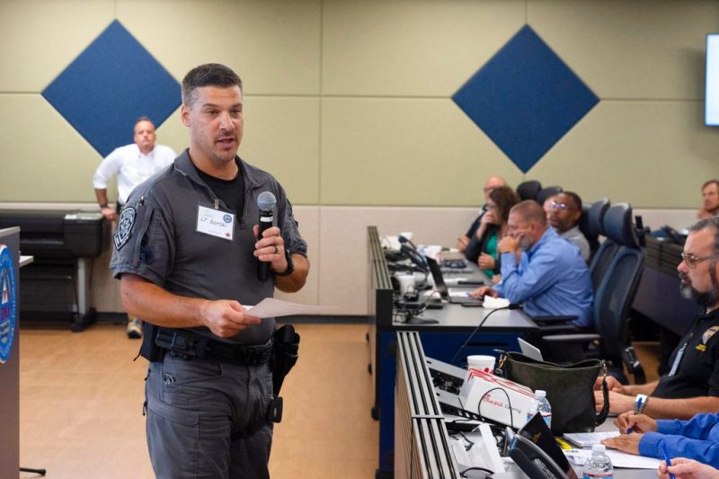 Lt. Shaun Gorski with the Cobb County Sheriff's Department, speaks during an election security training session at Cobb County Emergency Management headquarters, Aug. 23, 2024, in Marietta, Ga. (AP Photo/John Bazemore)
