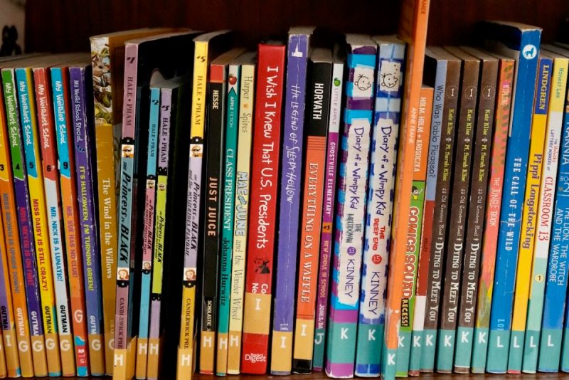 A shelf of books at Commonwealth Elementary School in Sugar Land, Texas