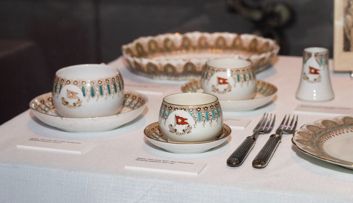 There’s an impressive collection of items recovered from White Star Line ships, like this vintage dinnerware. (Imagine Exhibitions)
