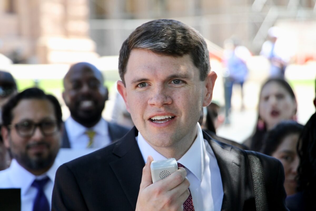 James Talarico with bullhorn