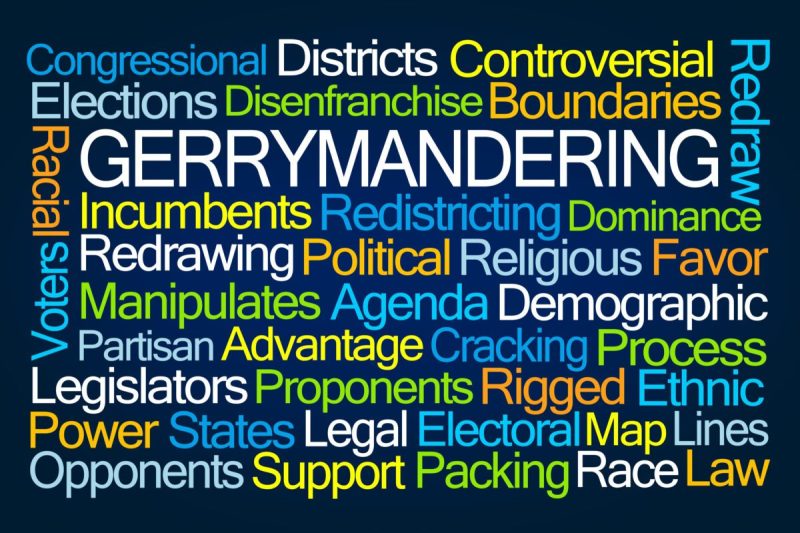 Gerrymandering Word Cloud on Blue Background