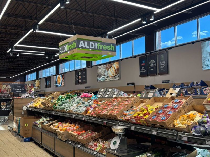 Inside an ALDI for budget grocery shopping on many items