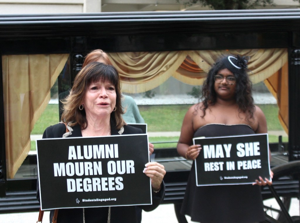 UNT students, faculty mourn academic freedom at mock funeral