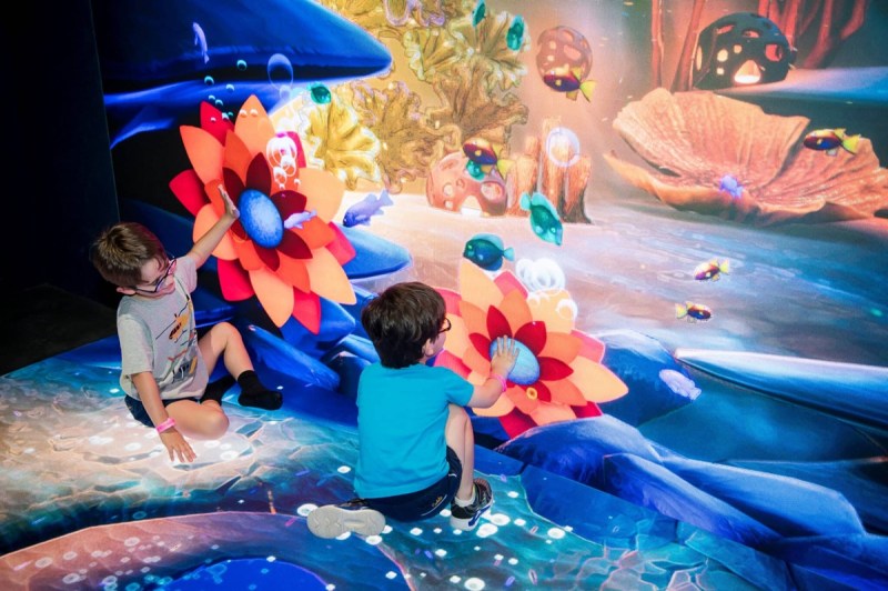 Kids engage with a display at a museum