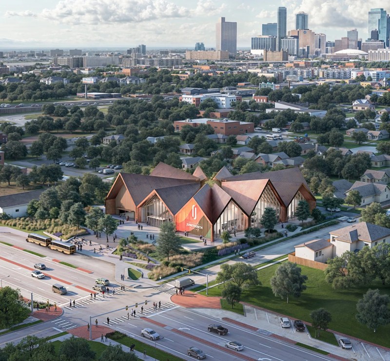 A rendering of the museum with the city skyline in the background