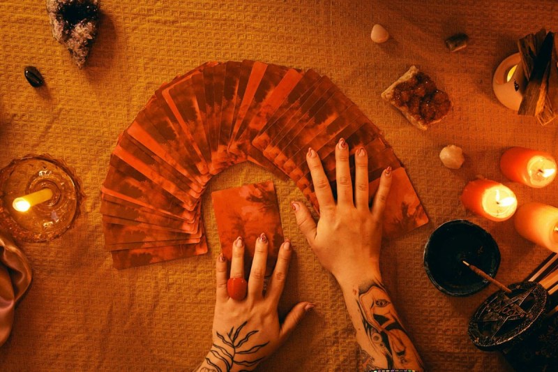 A tarot card reader lays their cards on the table