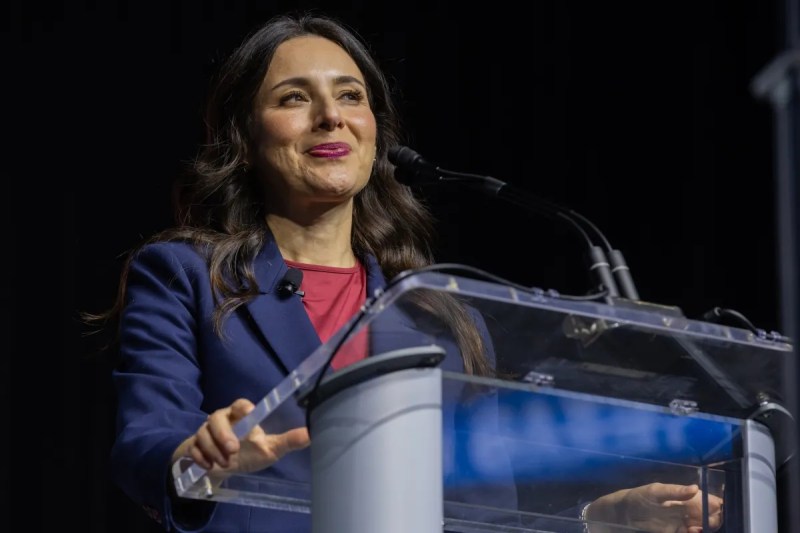 Democratic candidate for Texas Governor Gina Hinojosa speaks from a dais