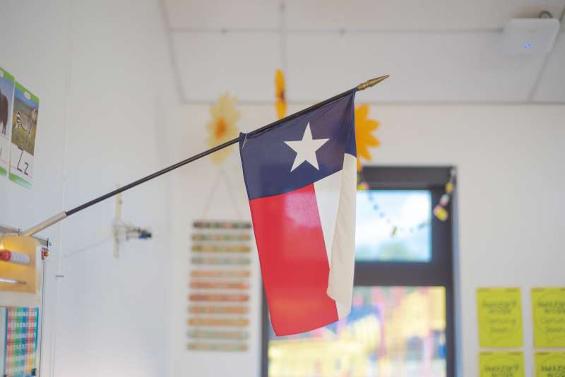 Texas flag hangs in classroom.