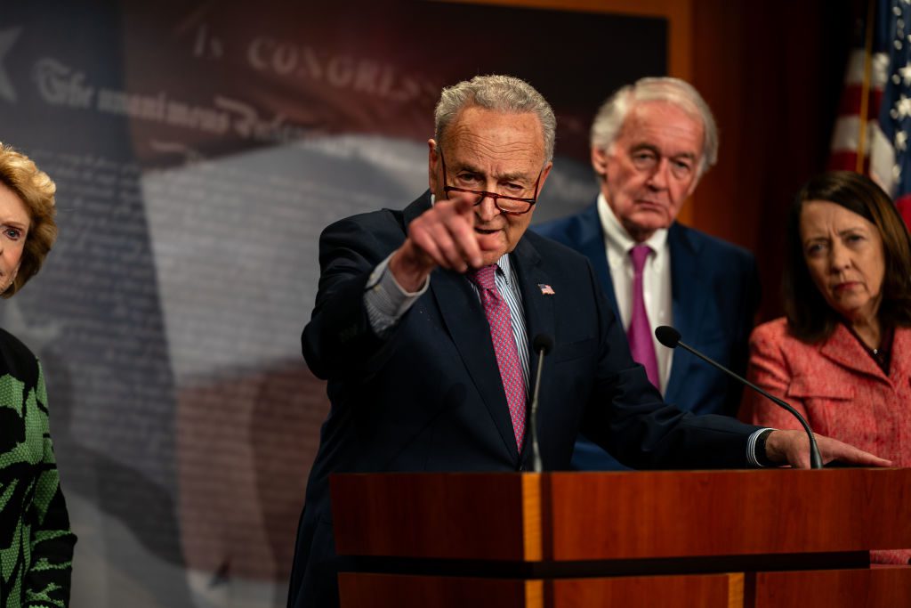 WASHINGTON, DC - JUNE 5: Senate Majority Leader Chuck Schumer (D-NY) gestures to a reporter for a question during a news conference following a vote on the Right to Contraception Act at the U.S. Capitol on June 5, 2024 in Washington, DC. Senate Democrats, seeking to put reproductive rights at center stage heading into November's election, held a vote to move forward with legislation to codify the right to contraception access nationwide it was blocked by all present Senate Republicans, except Sen. Lisa Murkowski (R-AK) and Sen. Susan Collins (R-ME). (Photo by Kent Nishimura/Getty Images)