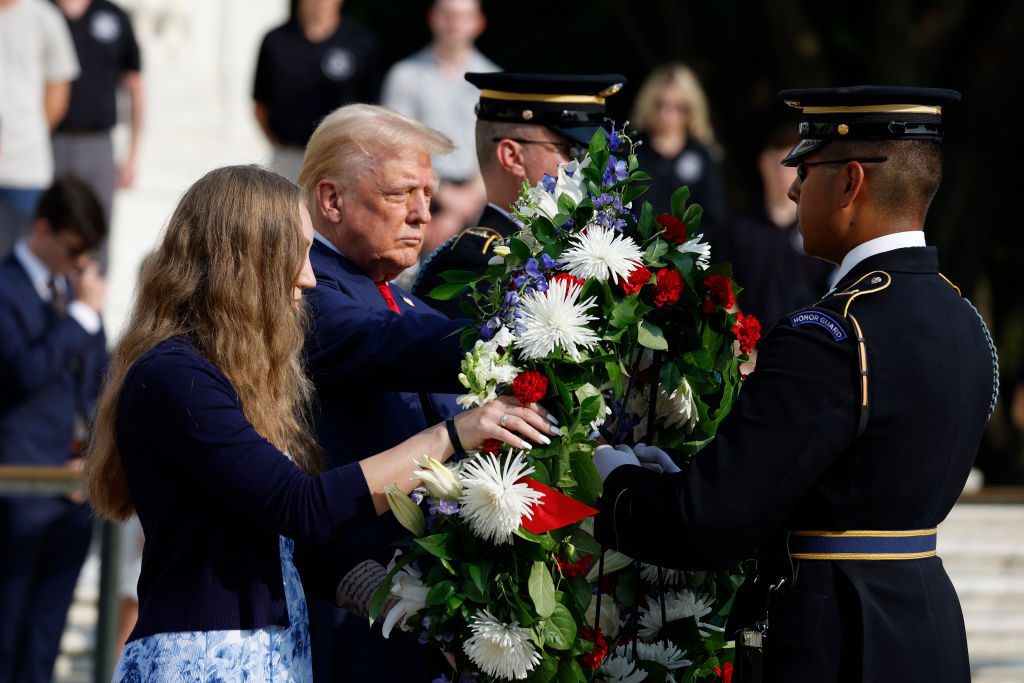 Republican presidential nominee, former US President Donald Trump, is shown here at a wreath laying ceremony at the Tomb of the Unknown Soldier at Arlington National Cemetery on August 26, 2024 in Arlington, Virginia. (Photo by Anna Moneymaker/Getty Images)