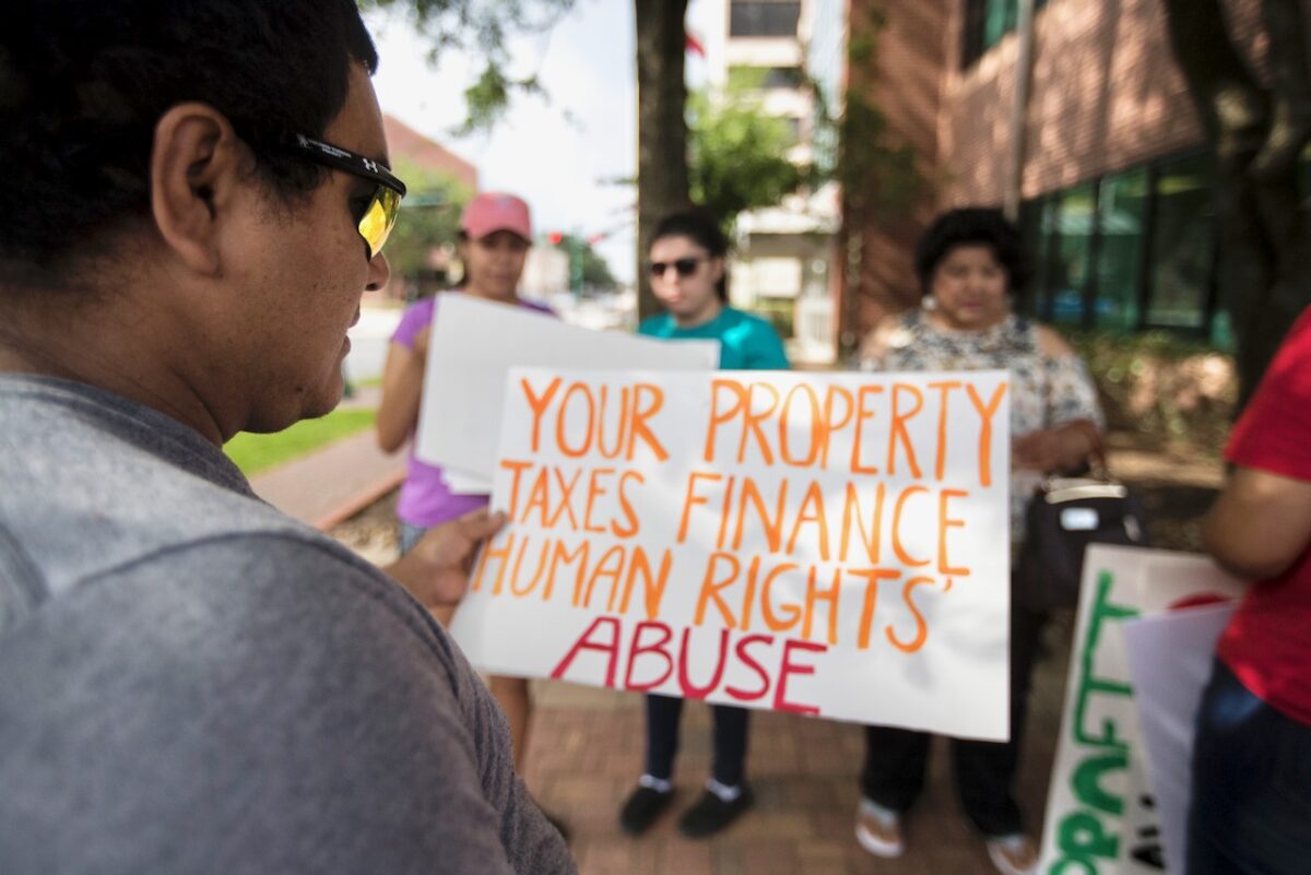 Douglas Menjivar outside immigration facility in Conroe, Texas